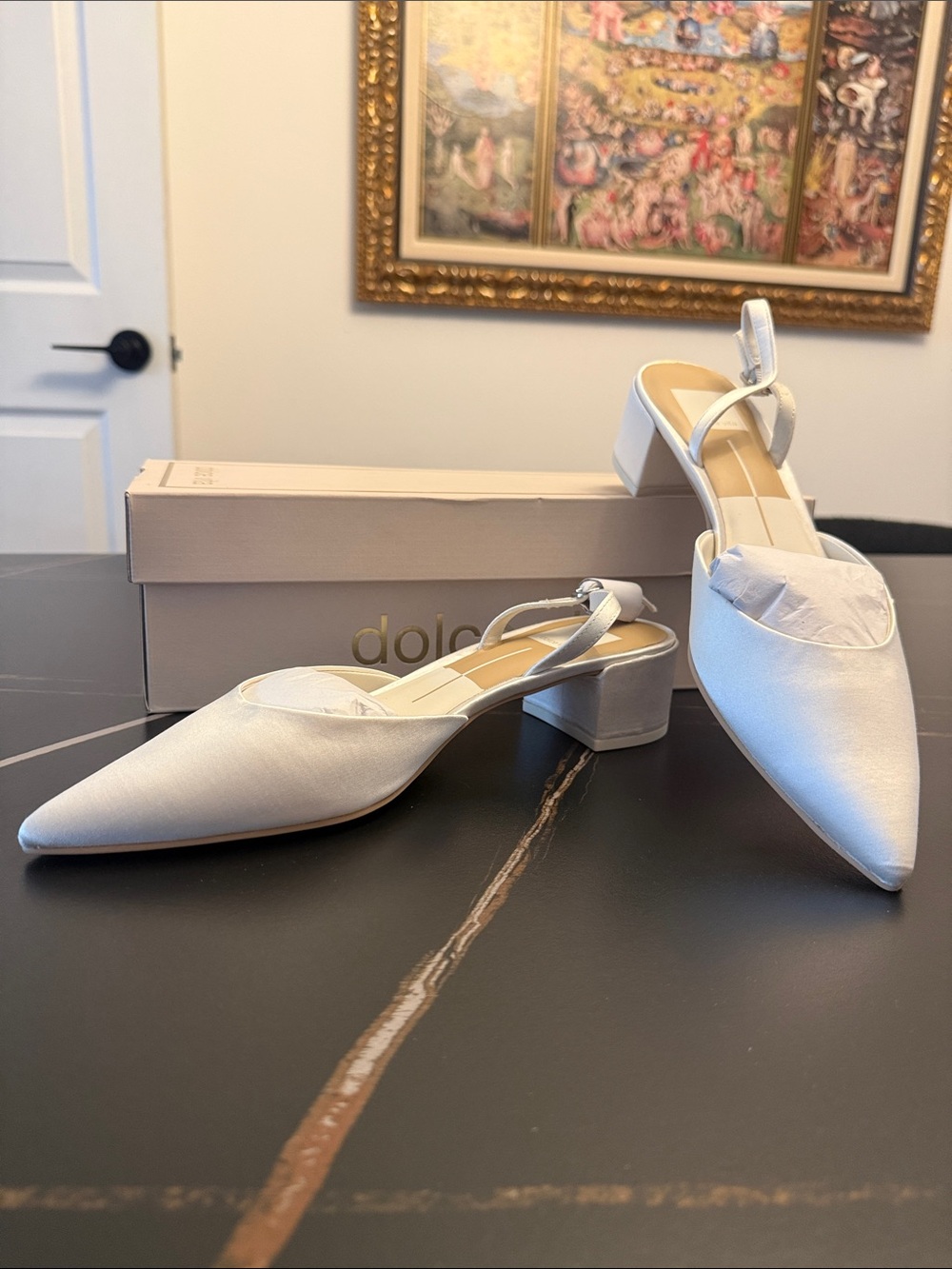 Brand new Dolce Vita Carel True White Satin Pointed Slingback Block Heels 8.5